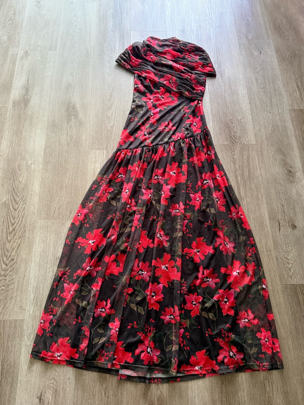 hutch pasha brown red floral asymmetrical neckline cutout mesh maxi dress small